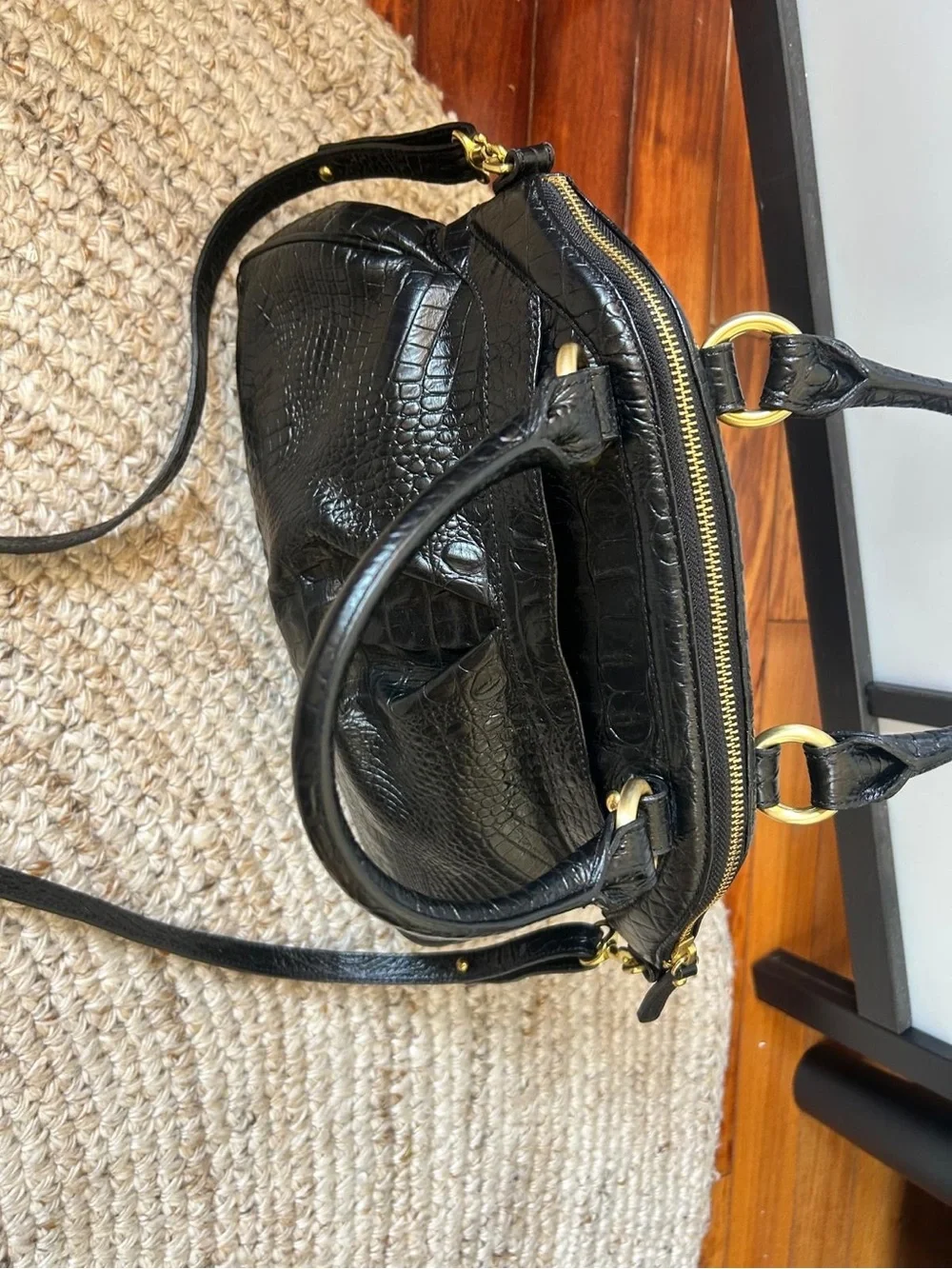Brahmin Black Croc-Embossed Leather Satchel with Gold Hardware